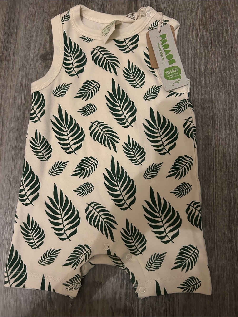 PARADE ORGANICS-6-12 months Green Leaf Print Cream Baby Romper